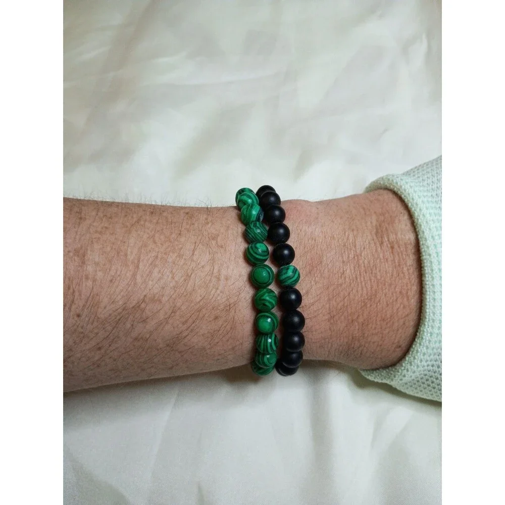 Lot of 2 Beaded Stretch Bracelets - Malachite Green + Matte Black